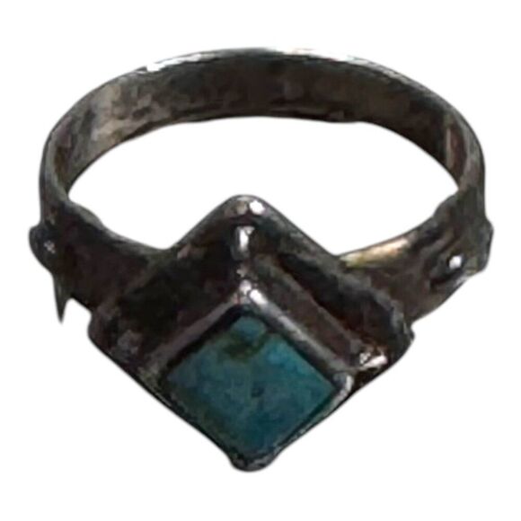 Vtg 7.5 Navajo Ted Ott Signed Sterling Silver Ring Turquoise Accent Diamond Shap - Picture 6 of 8